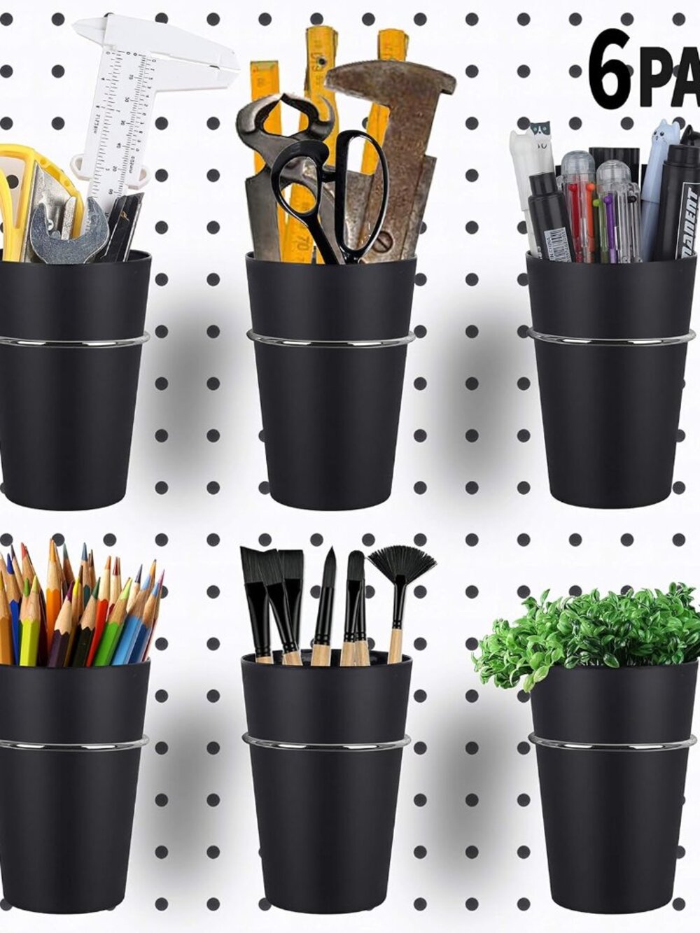 6 Set Ring Style Pegboard Hooks with Pegboard Cups, Black, Stainless Steel & Pla